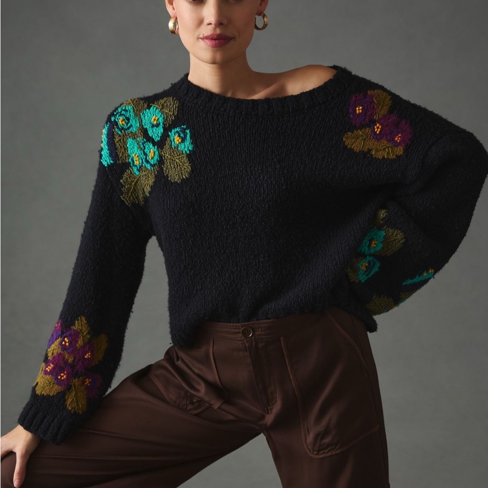 Maeve Embroidered Cropped Sweater
